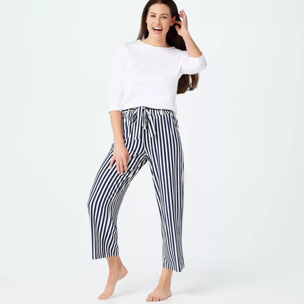 🆕 Anybody Textured Knit Blue and Cream Stripe Wide Leg Crop Pants, Size PS